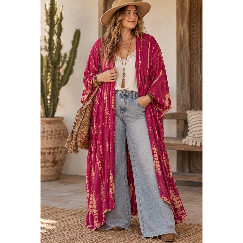 Sarfaraj India Magenta Tie Dye Duster Kimono Maxi Open Front Pink